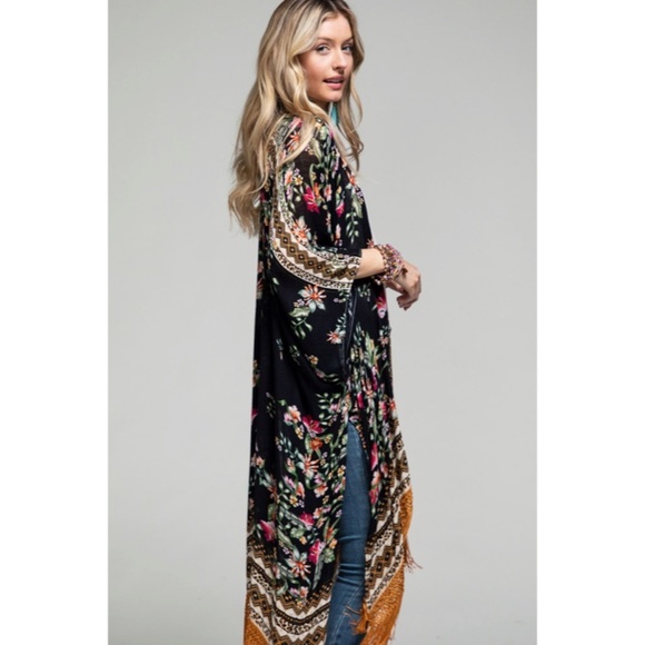 SOLD OUT Gallia Multi Color Floral Boho Ethnic Long Tassel Kimono Open Coverup - Picture 3 of 5